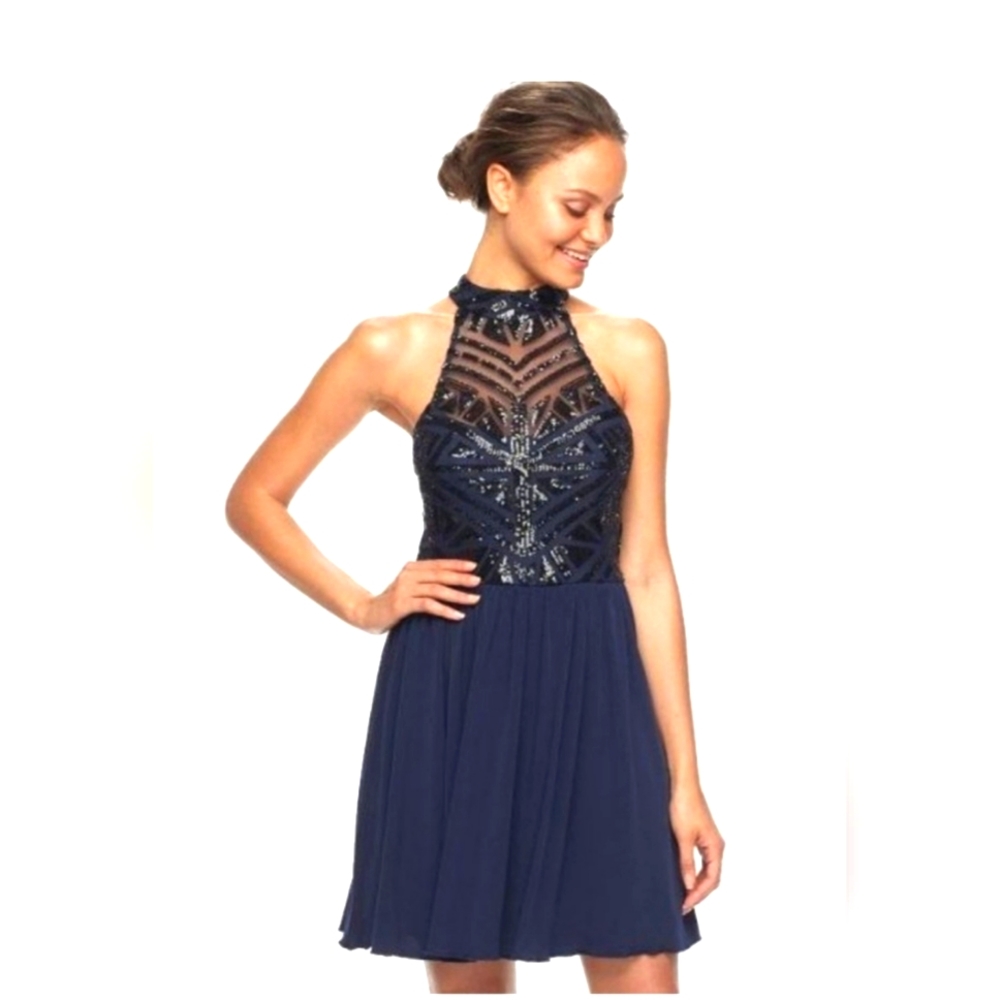 Speechless Fit & Flare Halter Navy Blue w/ Sequins Cocktail Dress Size 5